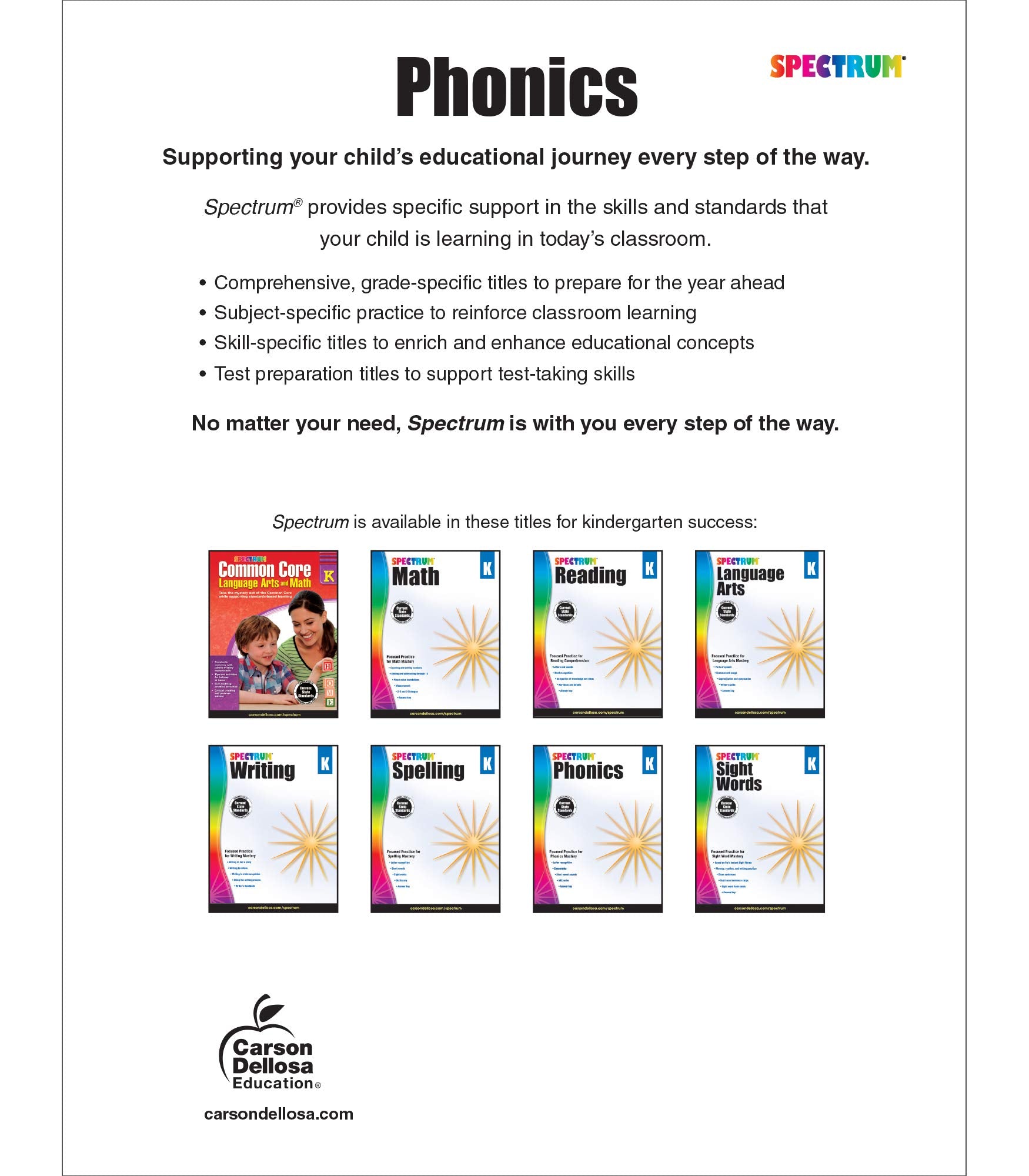 Spectrum Kindergarten Phonics Workbook, Activity Book Ages 46 Covering Alphabet Letter Recognition, Vowels, Sight Words, and Mo,New