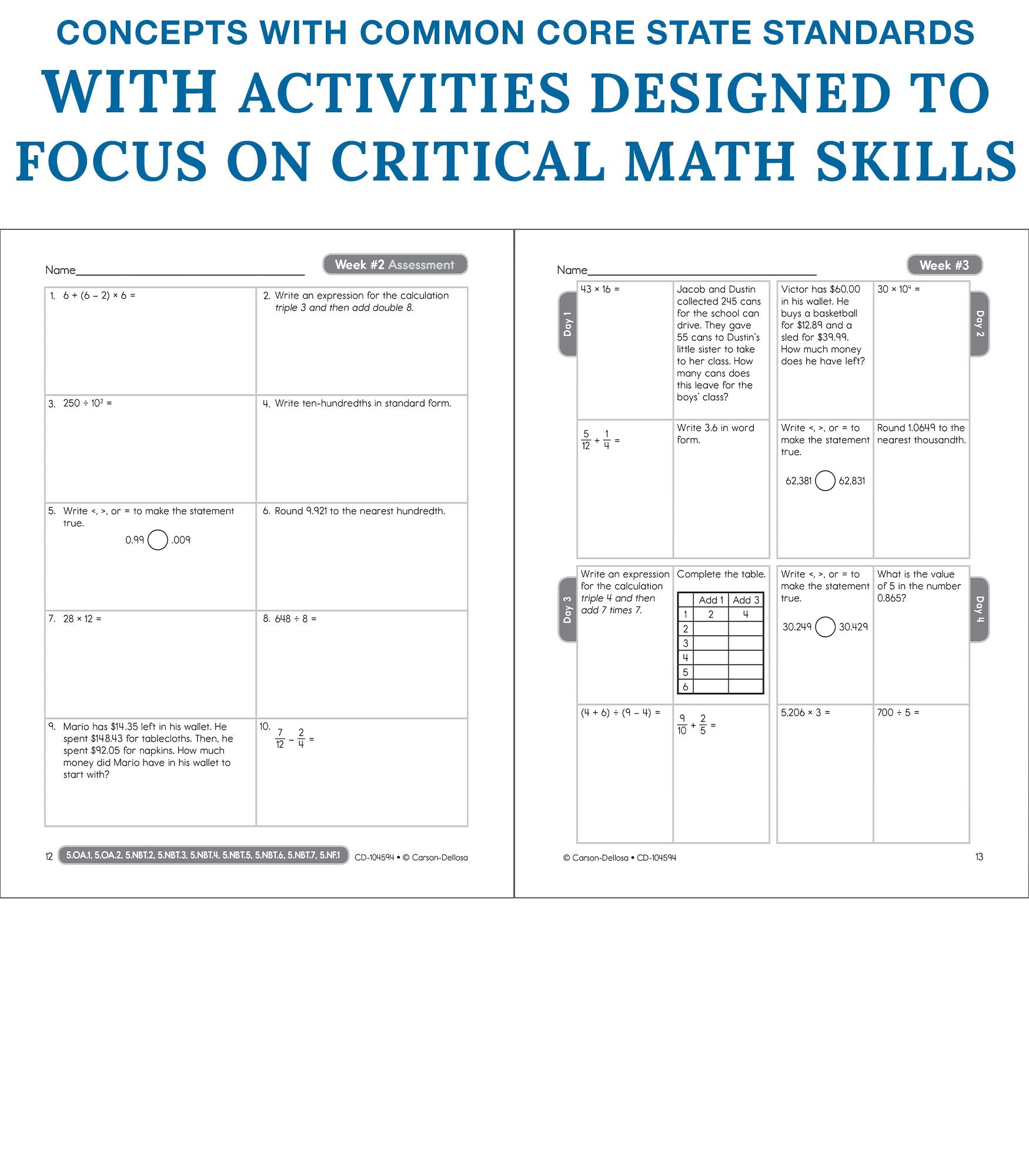 Carson Dellosa  Common Core Math 4 Today Workbook  5th Grade, 96pgs (Common Core 4 Today),New