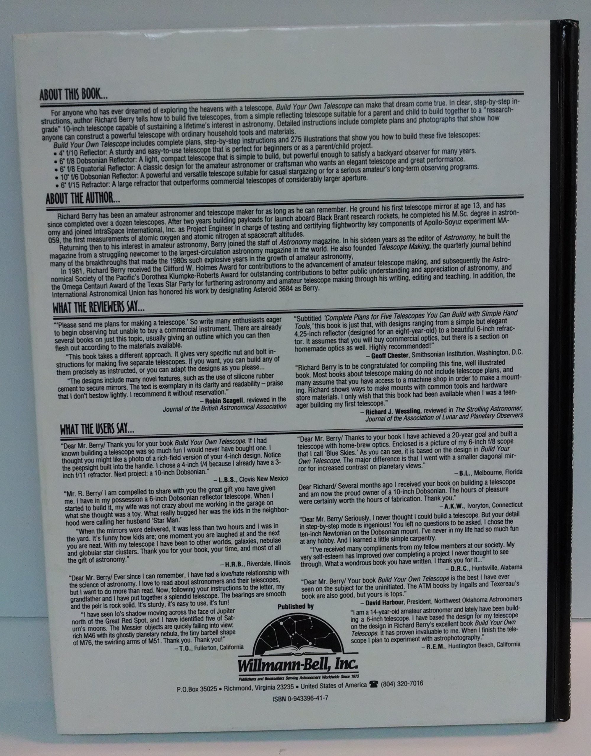 Build Your Own Telescope: Complete Plans for Five Telescopes You Can Build with Simple Hand Tools,New