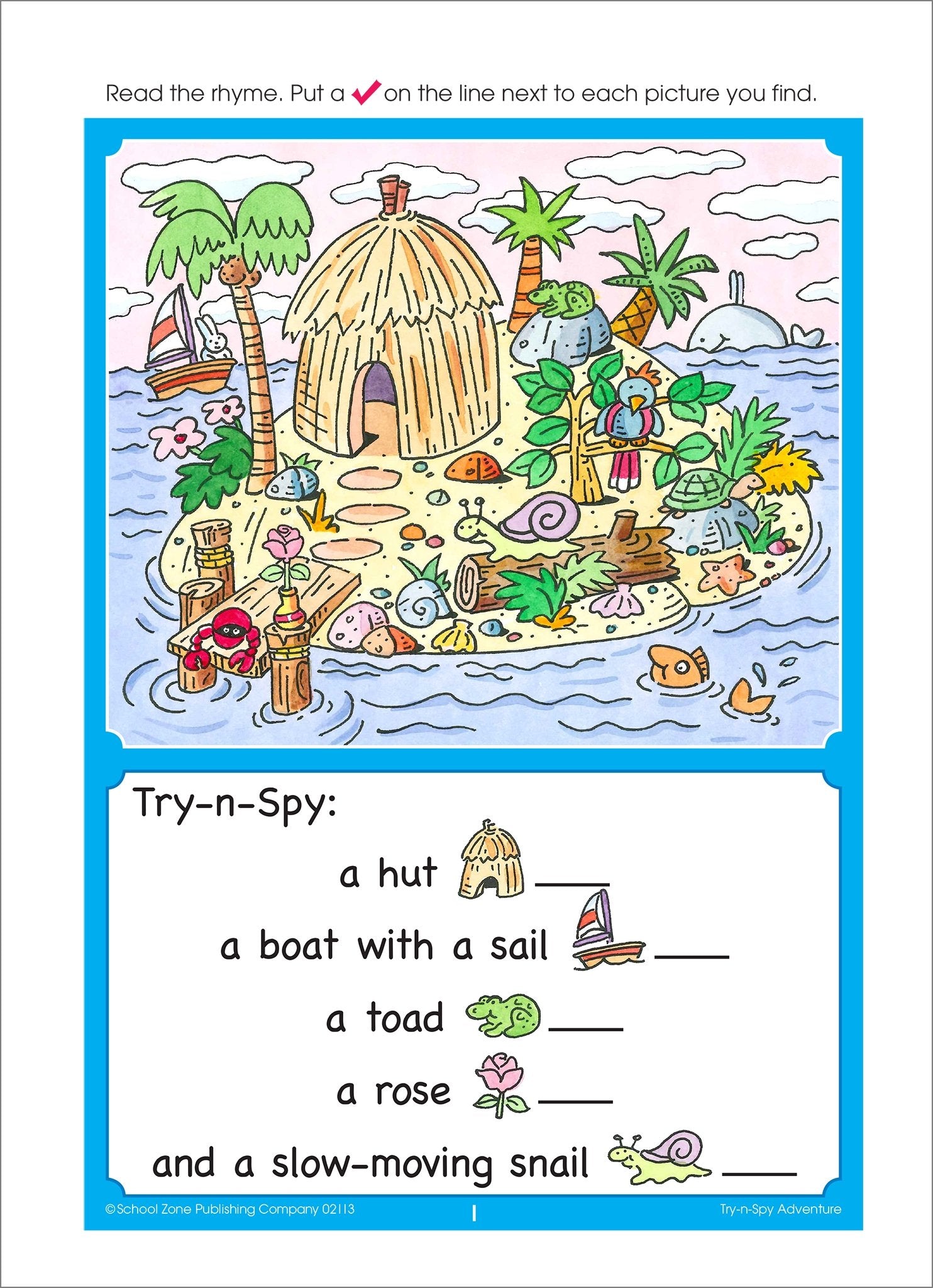 School Zone TrynSpy Adventure Workbook 32 Pages, Ages 4 to 6, Preschool, Kindergarten, Reading Readiness, WordPicture Rec,Used