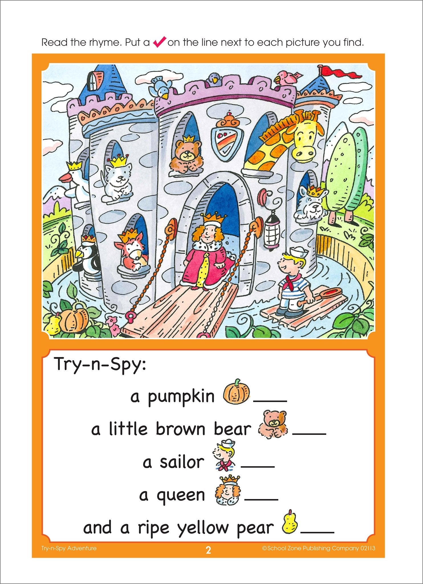 School Zone TrynSpy Adventure Workbook 32 Pages, Ages 4 to 6, Preschool, Kindergarten, Reading Readiness, WordPicture Rec,Used