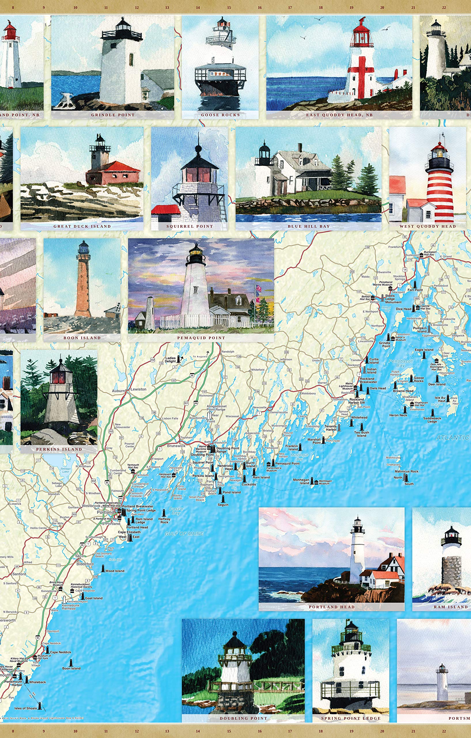 Maine Lighthouses Illustrated Map & Guide,Used