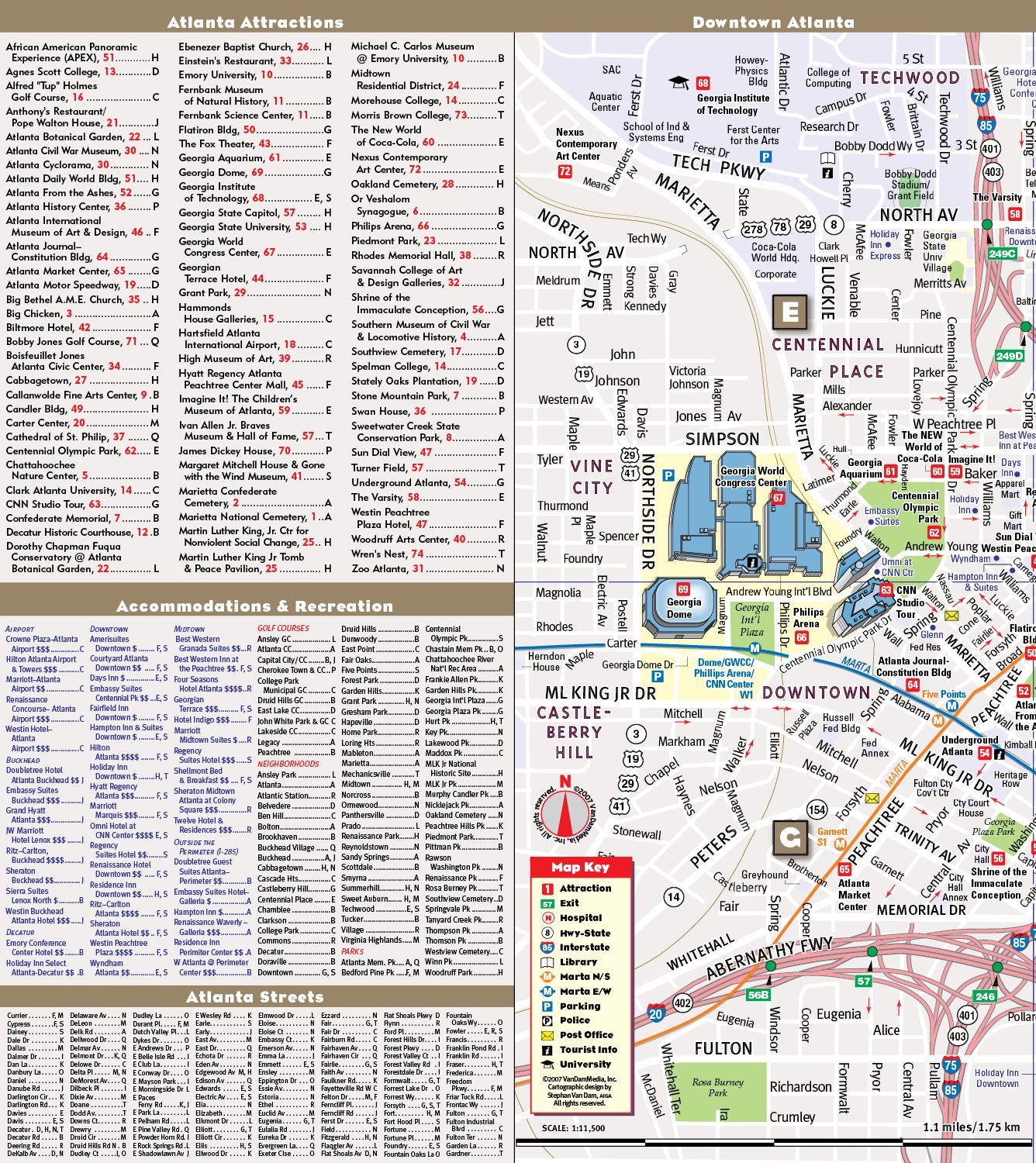 StreetSmart Atlanta Map by VanDam Laminated pocket size Center City Street Map to Atlanta, GA with all attractions, sights, m,Used