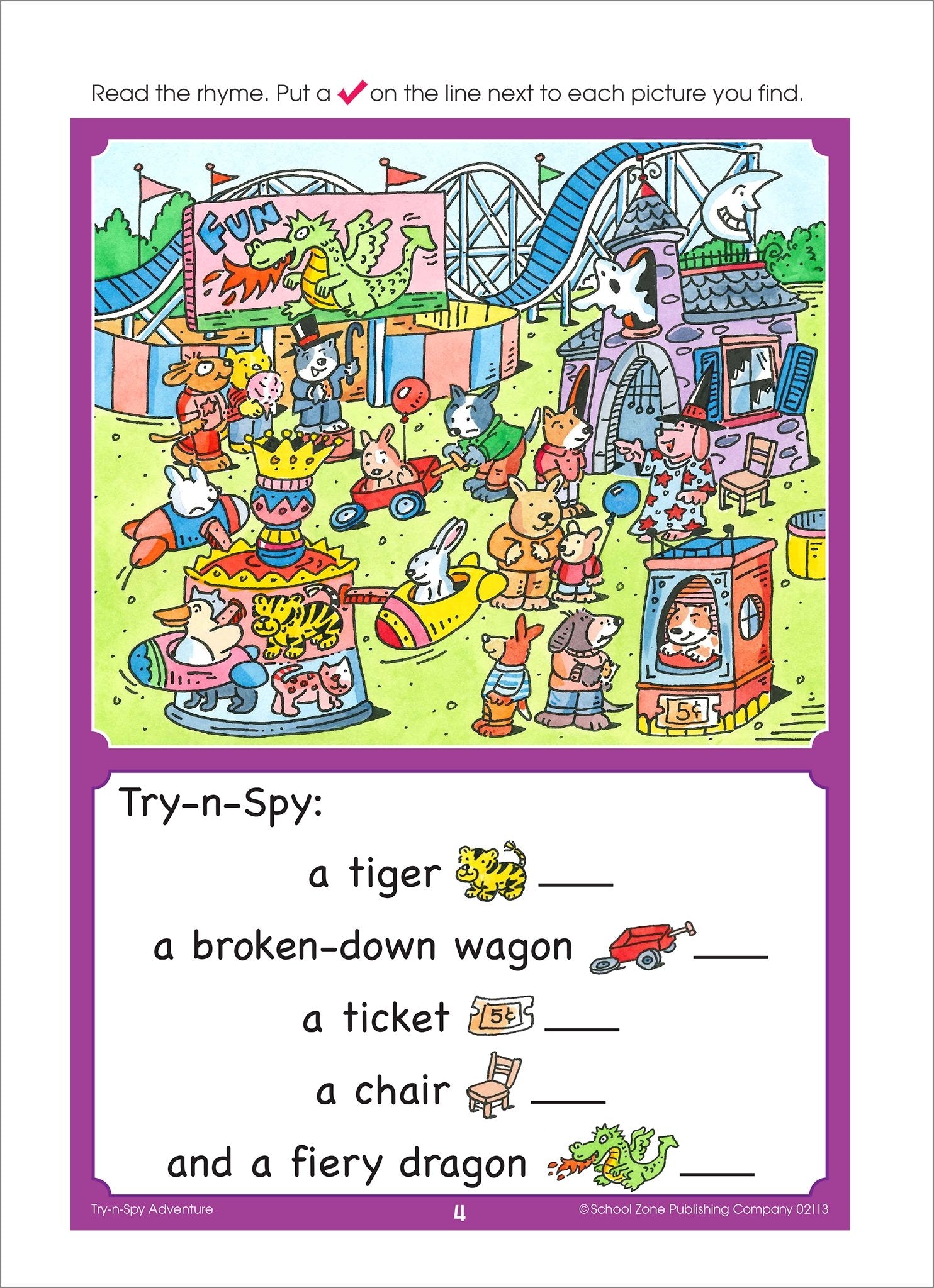 School Zone TrynSpy Adventure Workbook 32 Pages, Ages 4 to 6, Preschool, Kindergarten, Reading Readiness, WordPicture Rec,Used