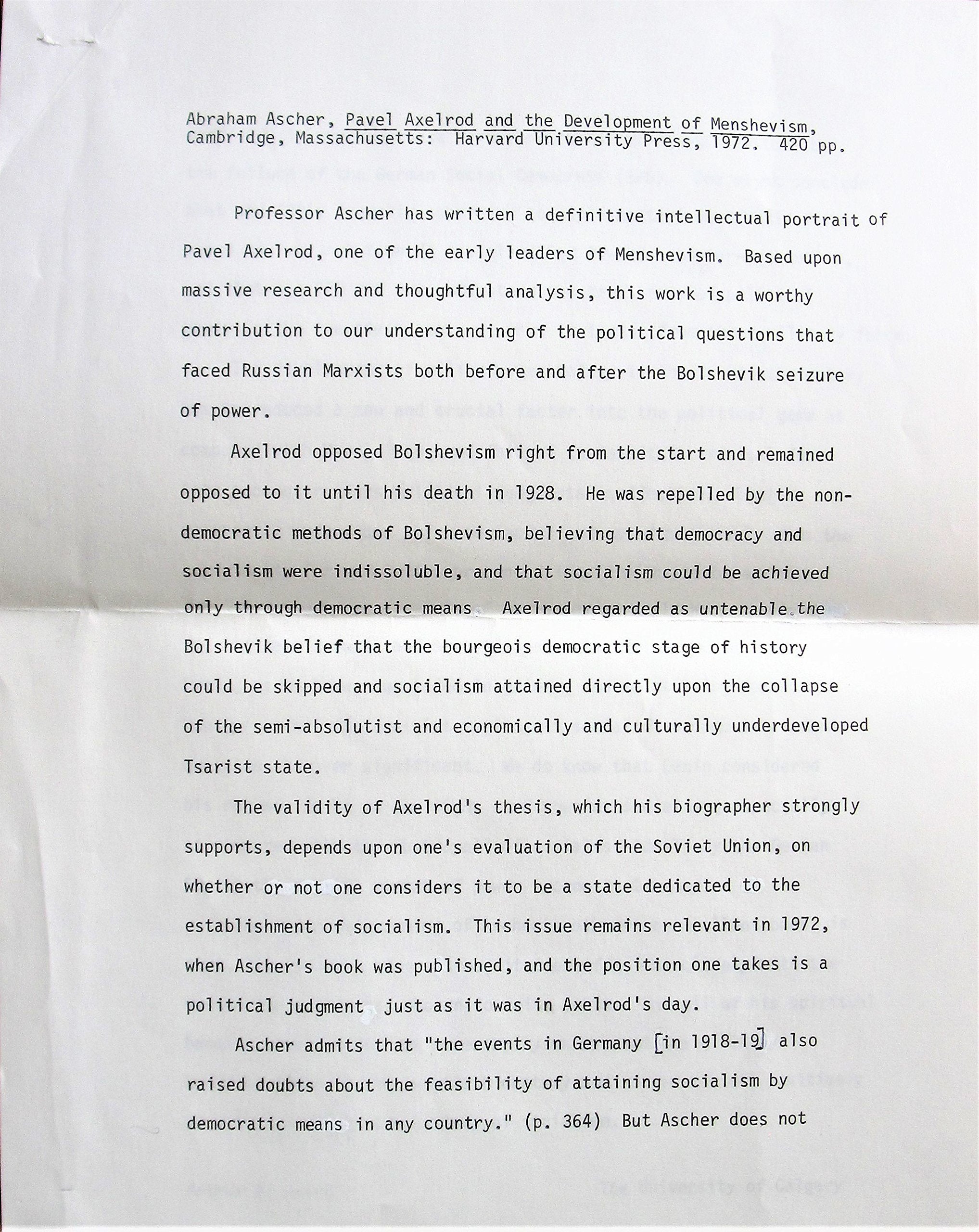 Pavel Axelrod and the Development of Menshevism (Russian Research Center studies),Used