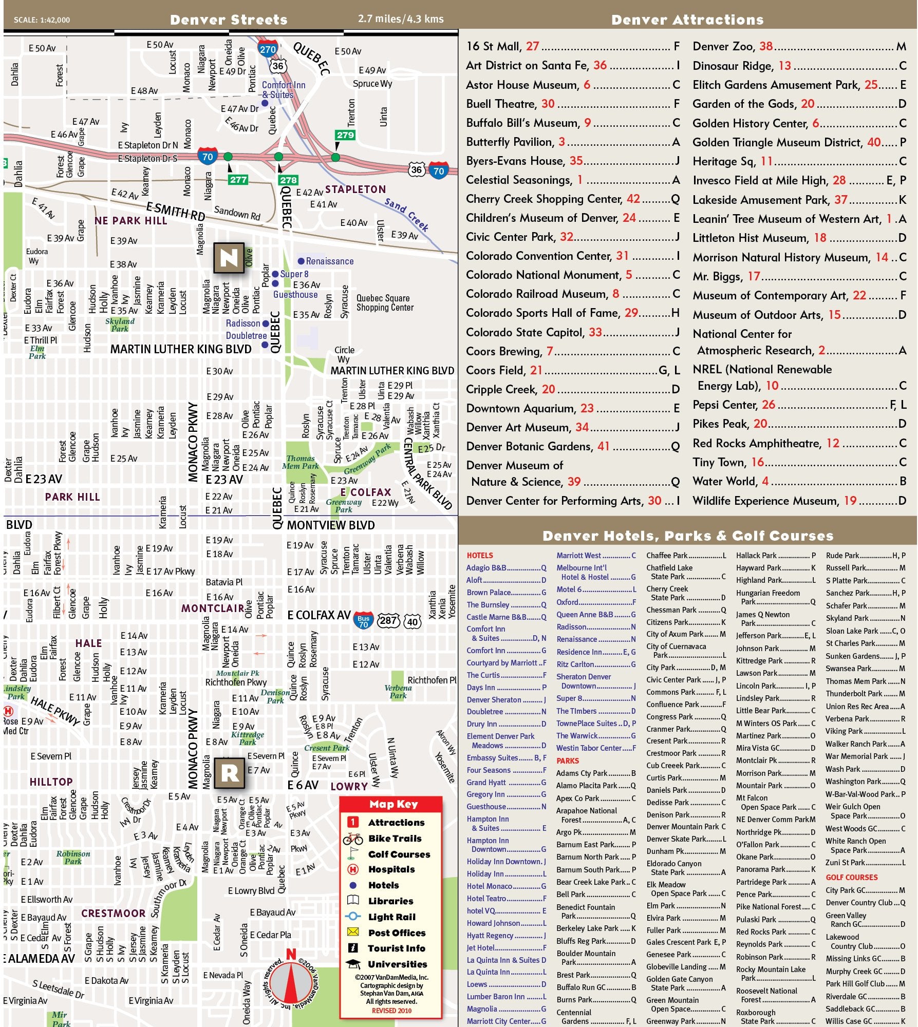 StreetSmart Denver by VanDam Laminated pocket size Center City Street Map to Denver, CO with all attractions, sights, museums,,Used