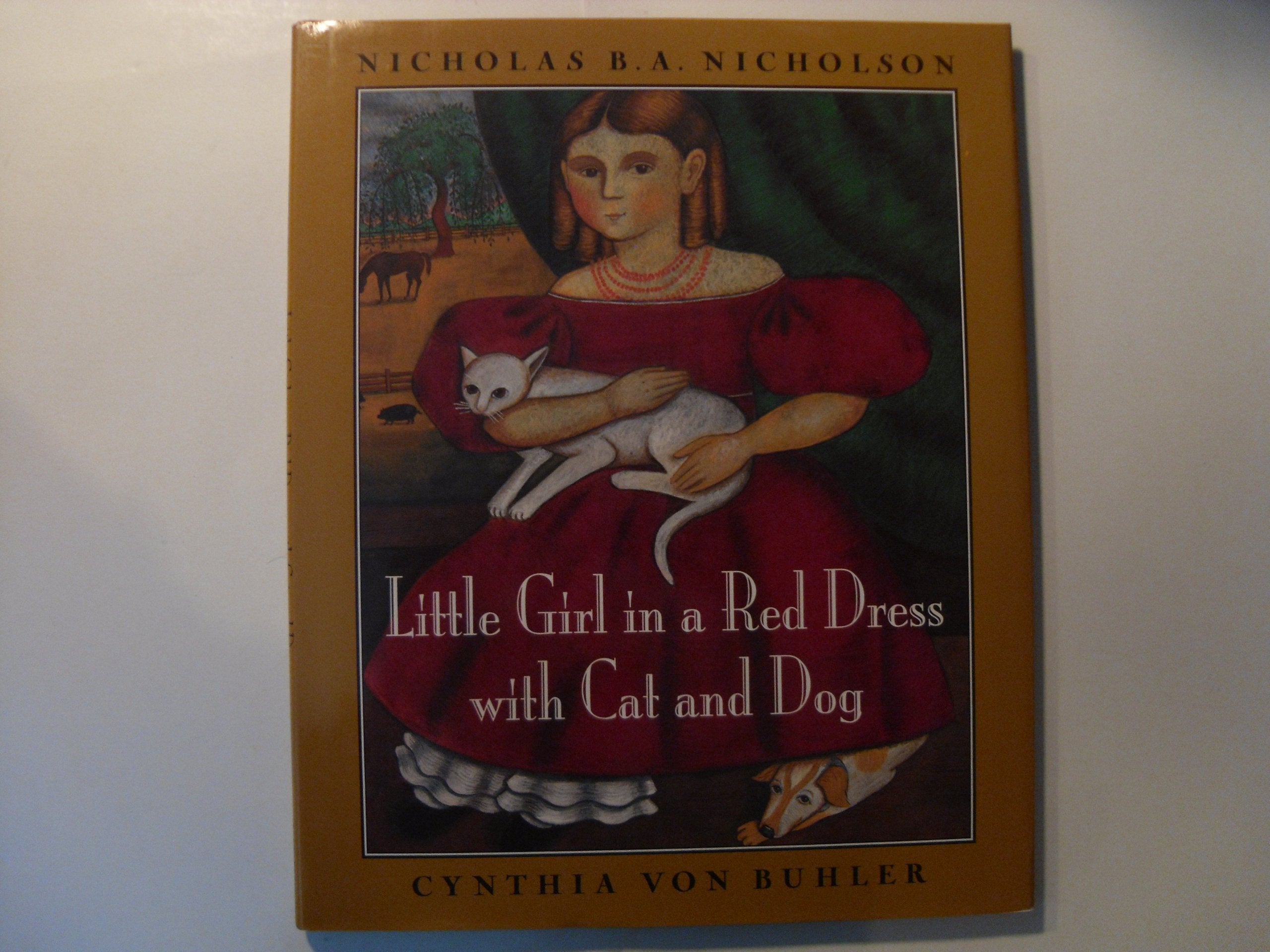 Little Girl in a Red Dress with Cat and Dog,Used