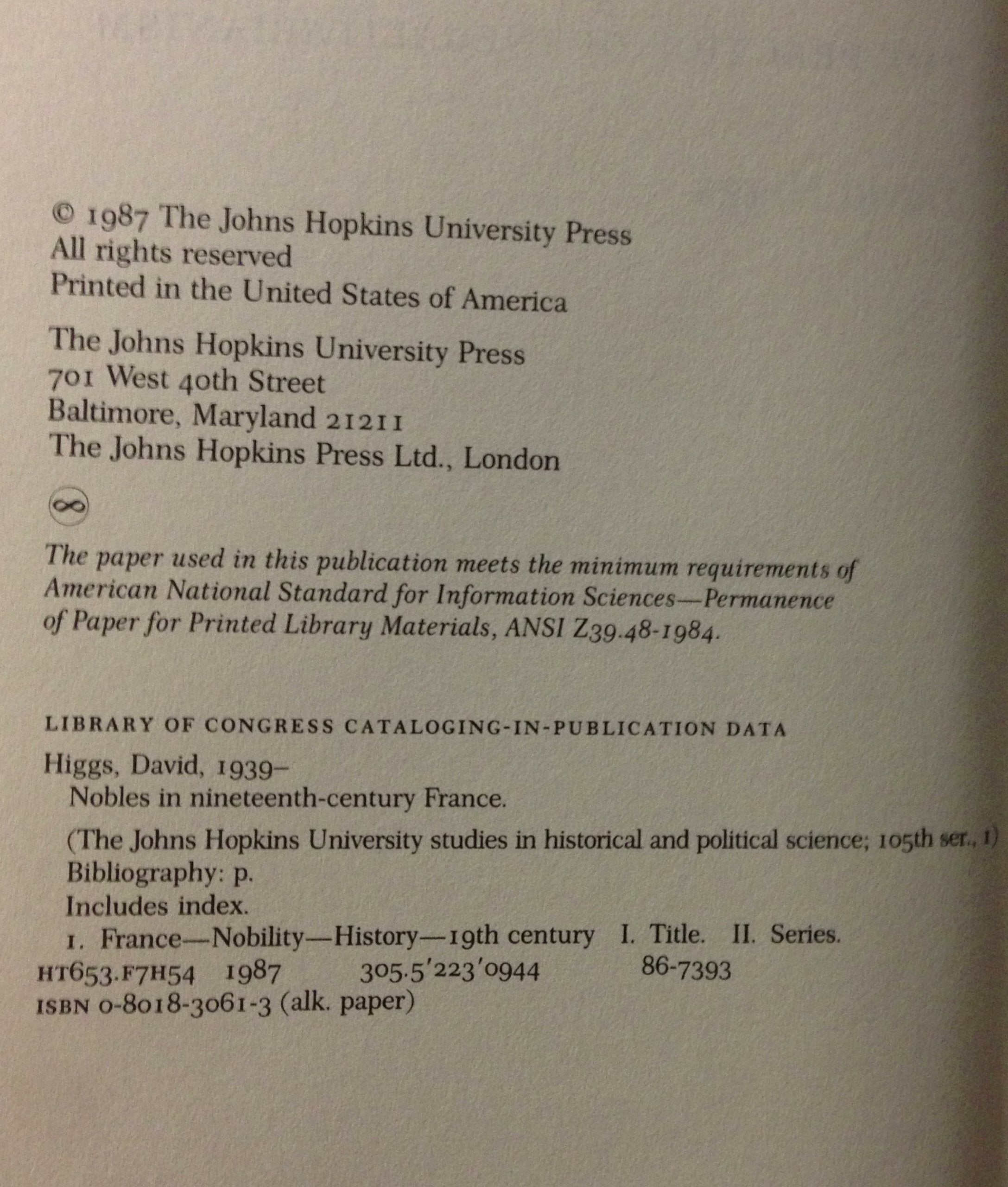 Nobles In France (The Johns Hopkins University Studies In Historical And Political Science),Used