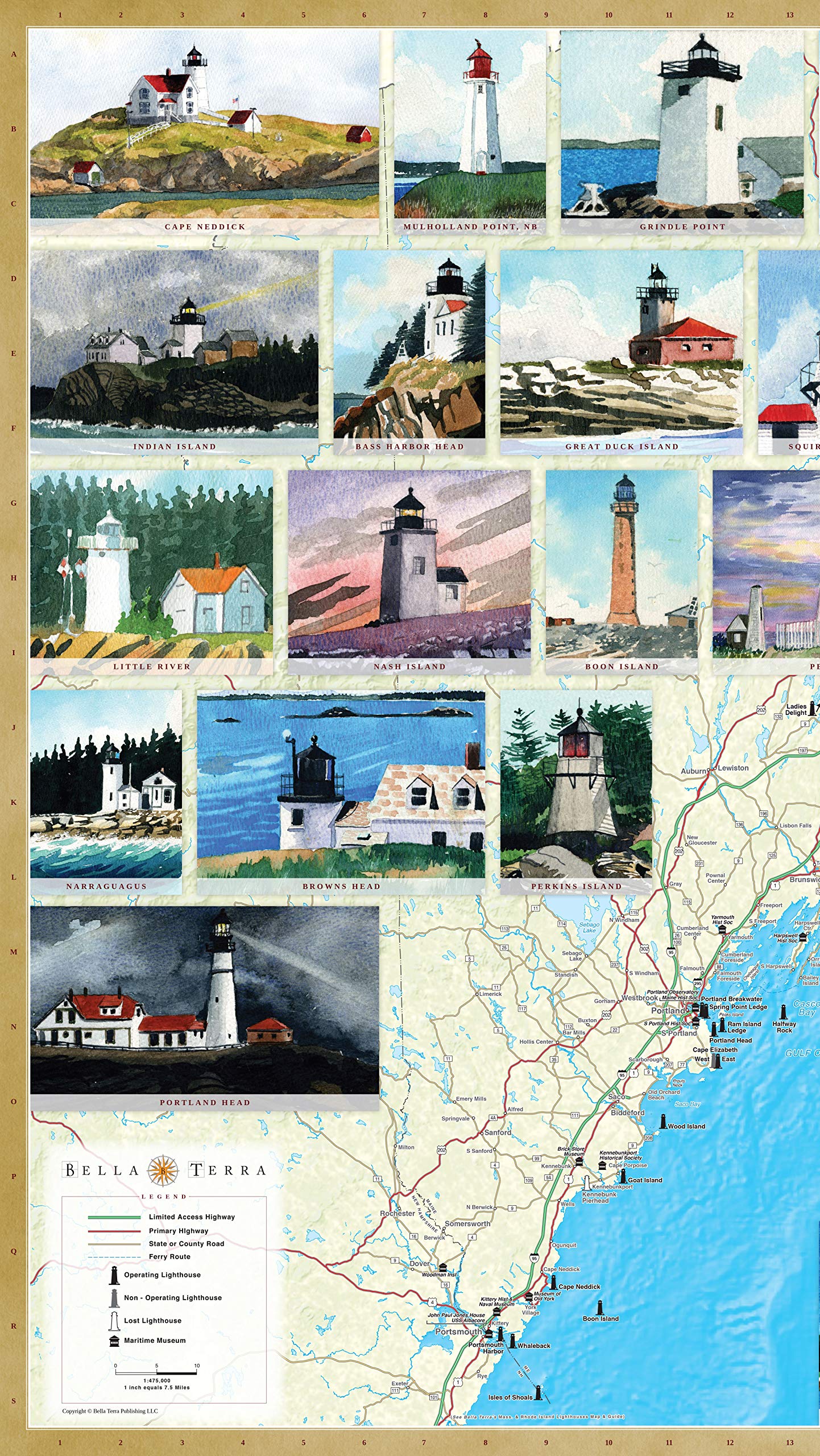 Maine Lighthouses Illustrated Map & Guide,Used