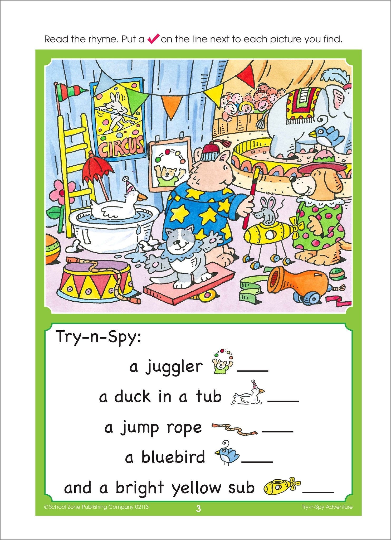School Zone TrynSpy Adventure Workbook 32 Pages, Ages 4 to 6, Preschool, Kindergarten, Reading Readiness, WordPicture Rec,Used