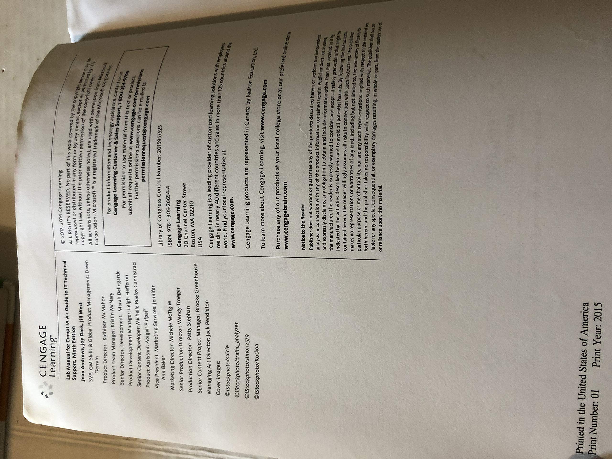 Lab Manual for Andrews A+ Guide to IT Technical Support, 9th Edition,Used