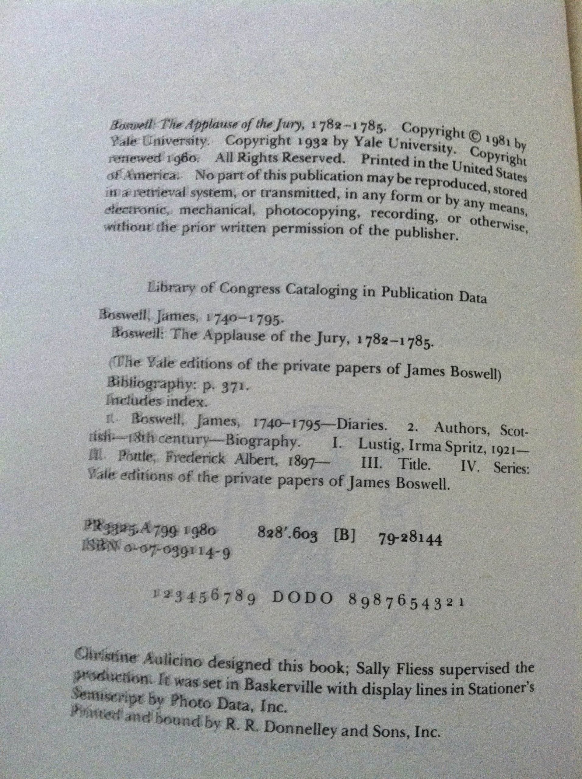 Boswell, The Applause Of The Jury, 17821785 (Yale Editions Of The Private Papers Of James Boswell),Used
