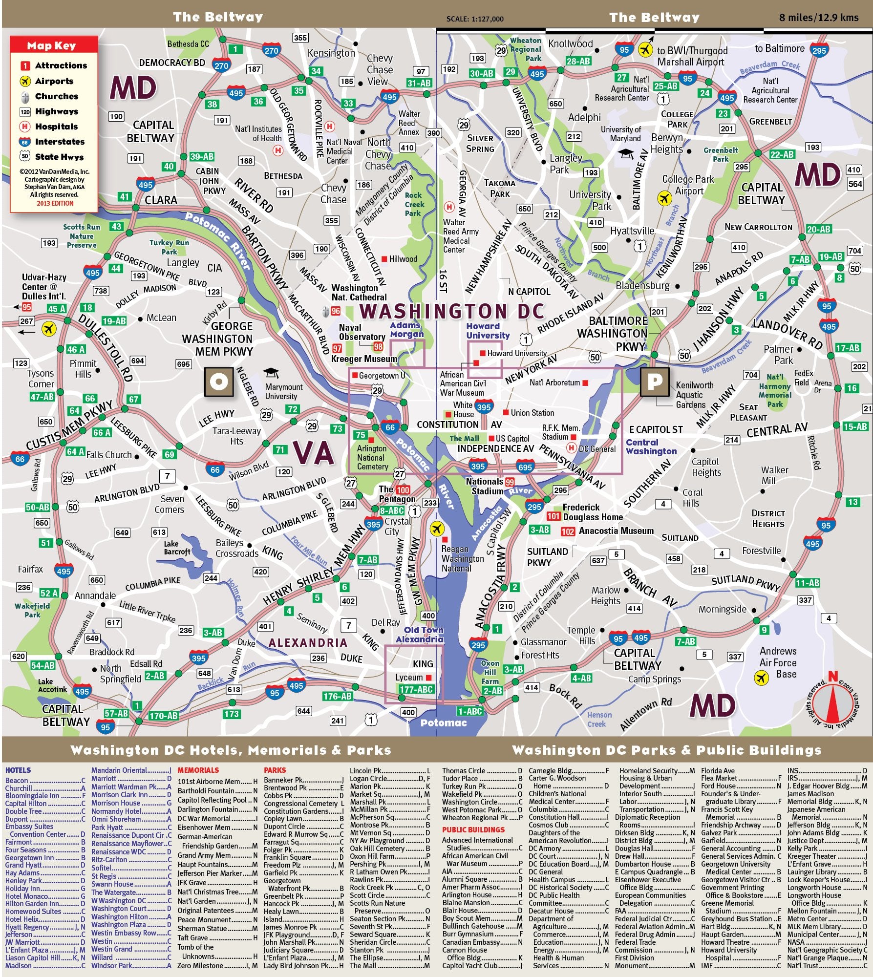 StreetSmart Washington DC by VanDam  Laminated City Street pocket map with all museums, sights, monuments, government building,Used