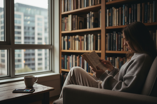 A woman sits by a large window in a cozy room, reading a book beside a bookshelf filled with books, with a coffee cup and smartphone on a wooden table nearby.