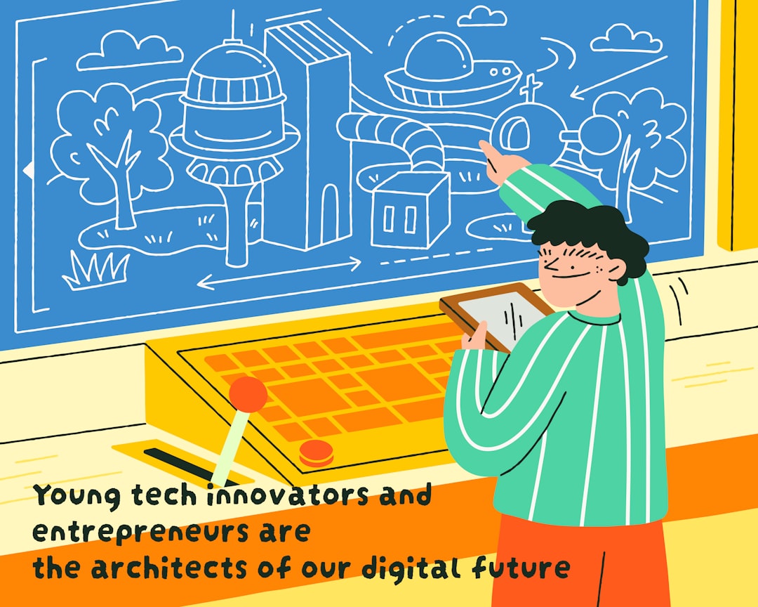 A colorful cartoon illustration depicting a young person from behind, wearing a green striped shirt and orange pants, interacting with a futuristic control panel