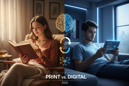 A split-screen image showing a woman reading a printed book in warm light and a man reading on a digital tablet in cool light, symbolizing the comparison between print and digital reading comprehension in 2025.