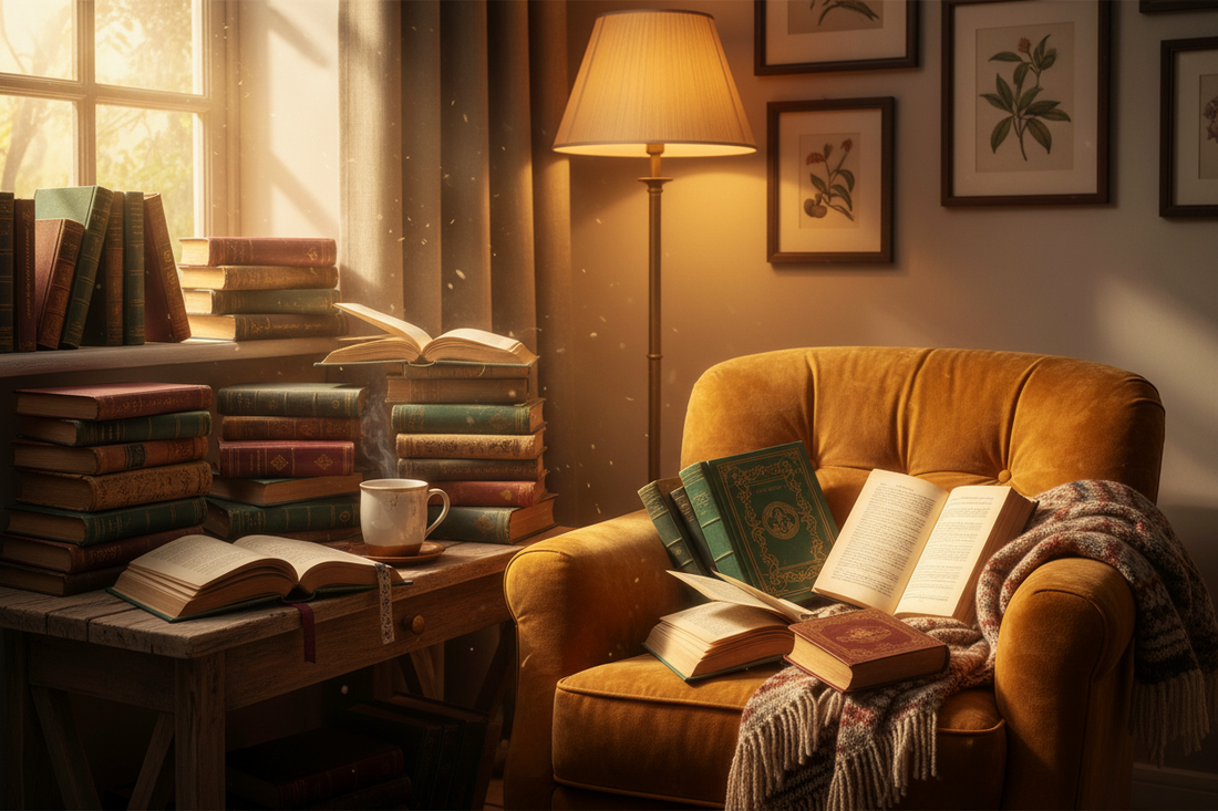 Cozy reading nook with vintage books stacked on a wooden table and armchair, warm lamp light, and a steaming cup of coffee by the window — perfect atmosphere for discovering hidden literary gems.