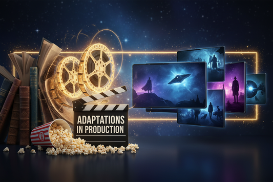 the center, representing film/TV production. The clapperboard says "ADAPTATIONS IN PRODUCTION