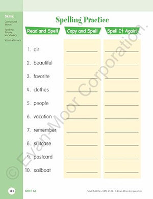EvanMoor Skill Sharpeners Spell and Write Workbook, Grade 3, 120 Spelling Words, Test Prep, Word Families, Short Vowels, Gramma,Used