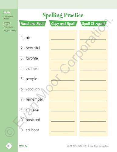 EvanMoor Skill Sharpeners Spell and Write Workbook, Grade 3, 120 Spelling Words, Test Prep, Word Families, Short Vowels, Gramma,Used