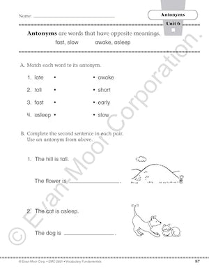 Evanmoor Vocabulary Fundamentals, Grade 1 Homeschool And Classroom Resource, Reproducible Worksheets, Compound Words, Synonyms,