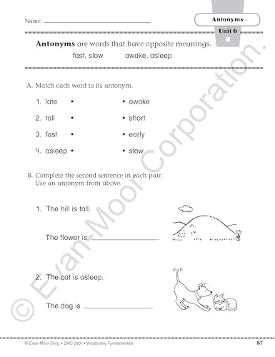 Evanmoor Vocabulary Fundamentals, Grade 1 Homeschool And Classroom Resource, Reproducible Worksheets, Compound Words, Synonyms,