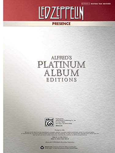 Led Zeppelin  Presence Platinum Guitar: Authentic Guitar TAB (Alfred's Platinum Album Editions),Used