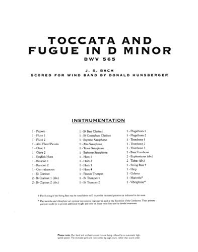 Toccata and Fugue in d Minor, Bwv 565: Score and Parts (The Donald Hunsberger Wind Library),Used