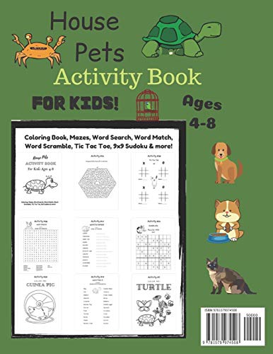 House Pets Activity Book For Kids Ages 48: Coloring Book , Mazes, Word Search, Word Match, Word Scramble, Tic Tac Toe, 9x9 Sudo,Used
