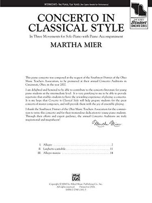 Concerto in Classical Style: In Three Movements for Solo Piano with Piano Accompaniment, Sheet (The Alfred Student Concerto Seri,Used