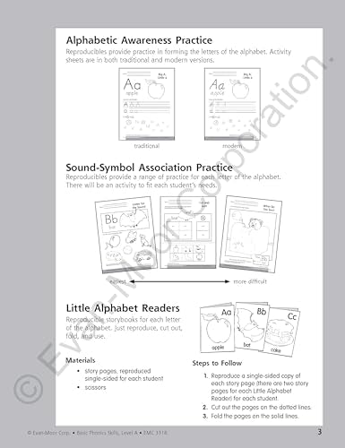 Evanmoor Basic Phonics Skills For Grades Prek And K, Level A, Teacher Reproducible Pages; Teaching Resource Workbook,Used
