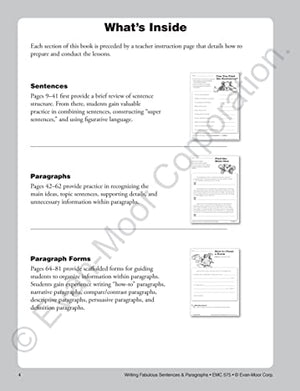 EvanMoor Writing Fabulous Sentences & Paragraphs, Grades 46, Homeschool & Classroom Workbook, Activities, Main Ideas, Topic Se,New