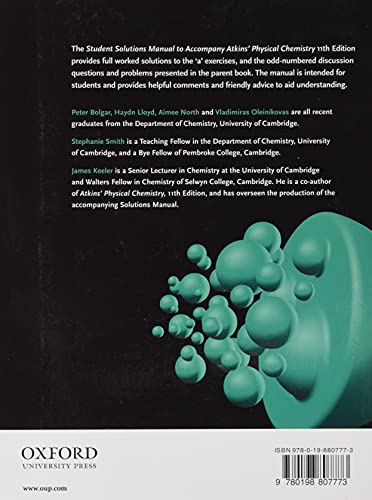 Student Solutions Manual To Accompany Atkins' Physical Chemistry 11Th Edition,Used