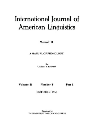 A Manual Of Phonology (International Journal Of America Linguistics, Memoir 11)