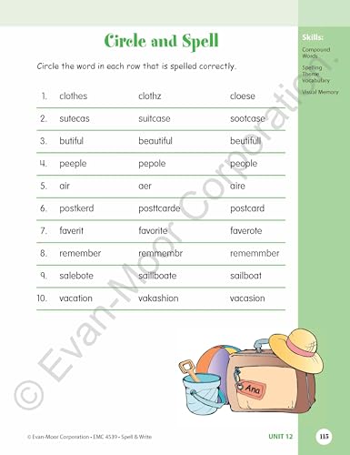 EvanMoor Skill Sharpeners Spell and Write Workbook, Grade 3, 120 Spelling Words, Test Prep, Word Families, Short Vowels, Gramma,Used