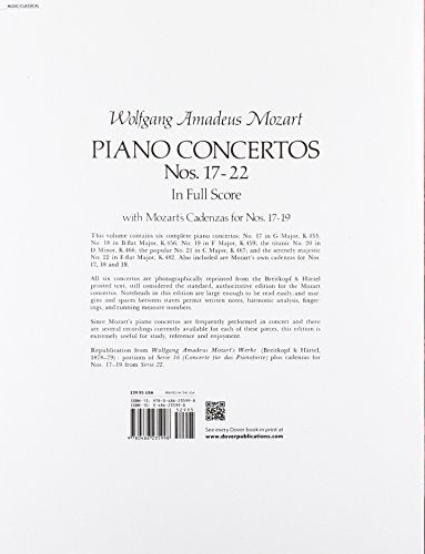 Piano Concertos Nos. 1722 in Full Score (Dover Orchestral Music Scores),Used