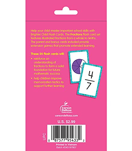 Carson Dellosa Fraction Number Flash Cards For Kids Ages 8+, Math Flash Cards With Fraction Facts From Whole Number To Ninths, G,Used