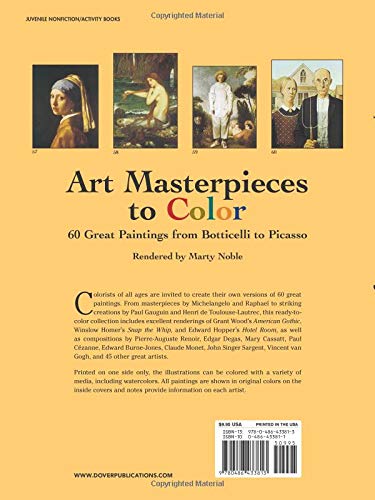 Art Masterpieces to Color: 60 Great Paintings from Botticelli to Picasso (Dover Art Coloring Book),New