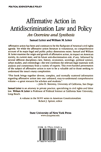 Affirmative Action in Antidiscrimination Law and Policy: An Overview and Synthesis (Suny American Constitutionalism),Used
