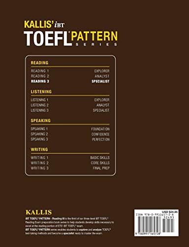 Kallis' TOEFL iBT Pattern Reading 3: Specialist (College Test Prep 2016 + Study Guide Book + Practice Test + Skill Building  TO,Used