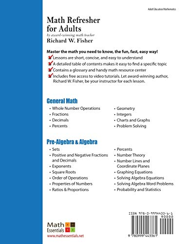 Math Refresher For Adults: The Perfect Solution (Mastering Essential Math Skills)-used