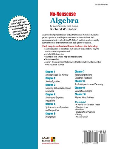 Nononsense Algebra, 2Nd Edition: Part Of The Mastering Essential Math Skills Series (Stepping Stones To Proficiency In Algebra),Used