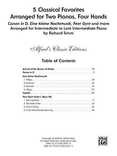 5 Classical Favorites Arranged for Two Pianos, Four Hands: Canon in D,
