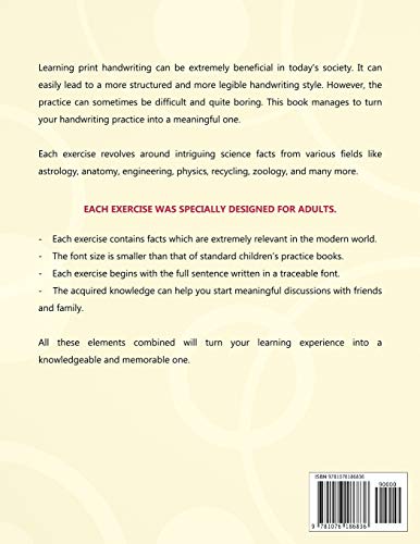 Print Handwriting Workbook for Adults: Advanced Print Handwriting Worksheets with Intriguing Science Facts for a Meaningful Prac,Used