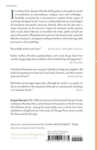 Archive Fever: A Freudian Impression (Religion And Postmodernism),New