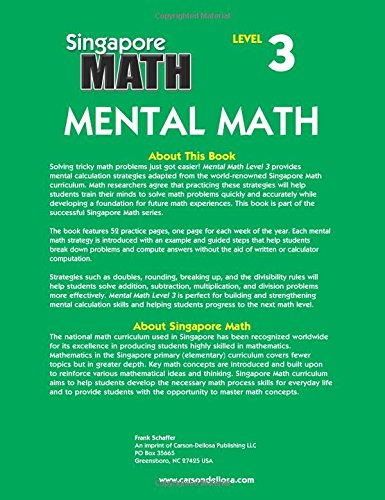 Singapore Math  Mental Math Level 3 Workbook for 4th Grade, Paperback, 64 Pages, Ages 910 with Answer Key,Used