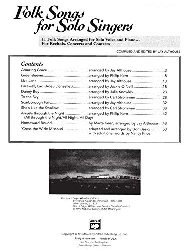Folk Songs for Solo Singers, Vol 1: 11 Folk Songs Arranged for Solo Voice and Piano . . . For Recitals, Concerts, and Contests (,Used