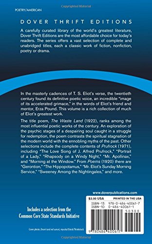 The Waste Land, Prufrock And Other Poems (Dover Thrift Editions)-used