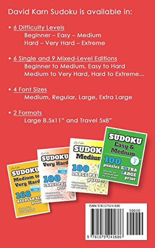 David Karn Sudoku  Hard to Extreme Vol 1: 168 Puzzles, Travel Size, Regular Print, 24 pt font size, 2 puzzles per page,Used