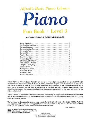 Alfred'S Basic Piano Library Fun Book, Bk 3: A Collection Of 17 Entertaining Solos (Alfred'S Basic Piano Library, Bk 3)-used